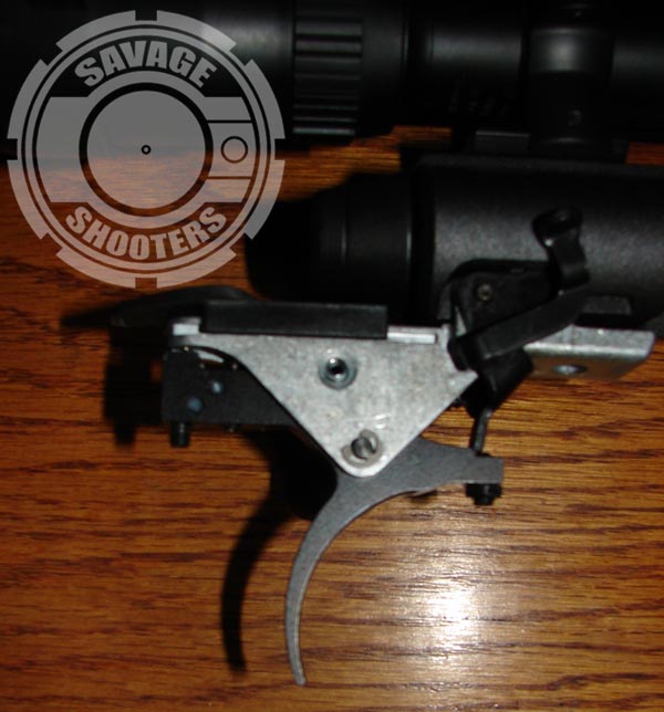 Timney replacement trigger in place in factory trigger hanger.