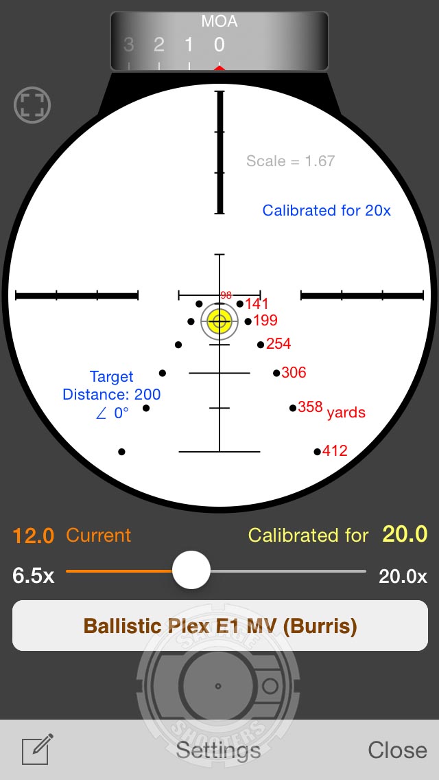 StrelokPro calculated ballistic chart for the E1-MV reticle