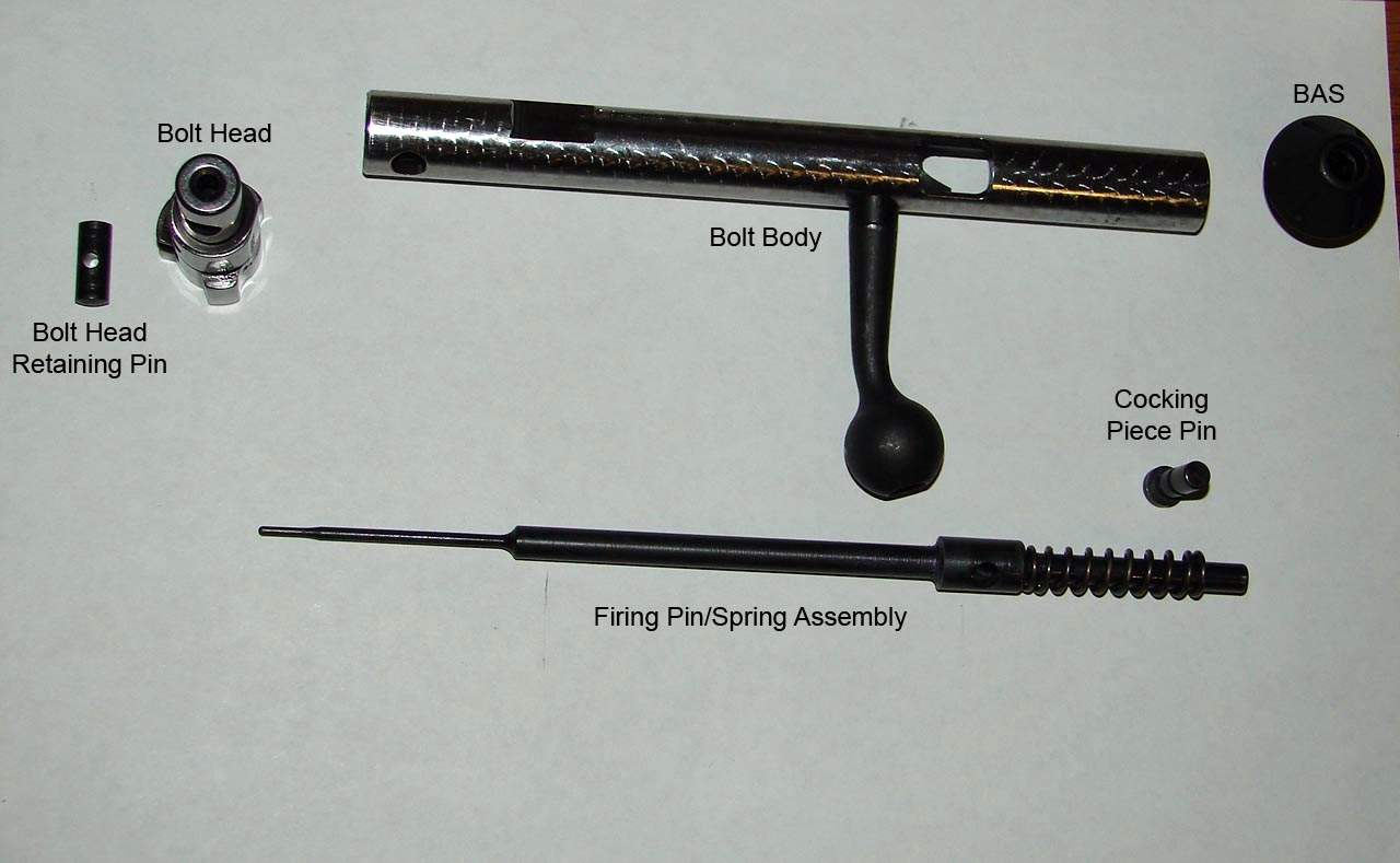 Various parts that make up the Model 25 bolt assembly