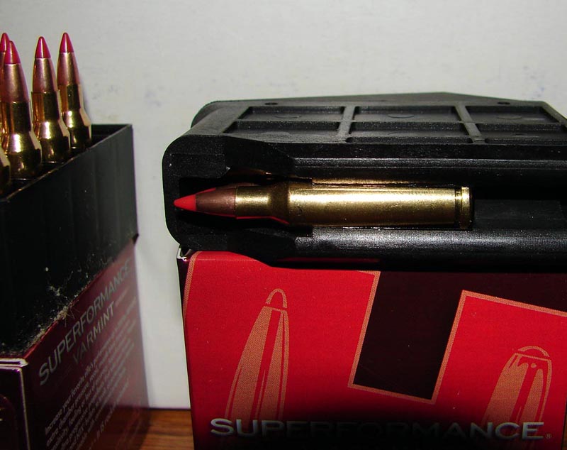 This shot shows how Savage simply shortened up the machine cut in the .204/.223 magazine to accommodate the shorter Hornet rounds.  The machine cut is also slightly narrower.