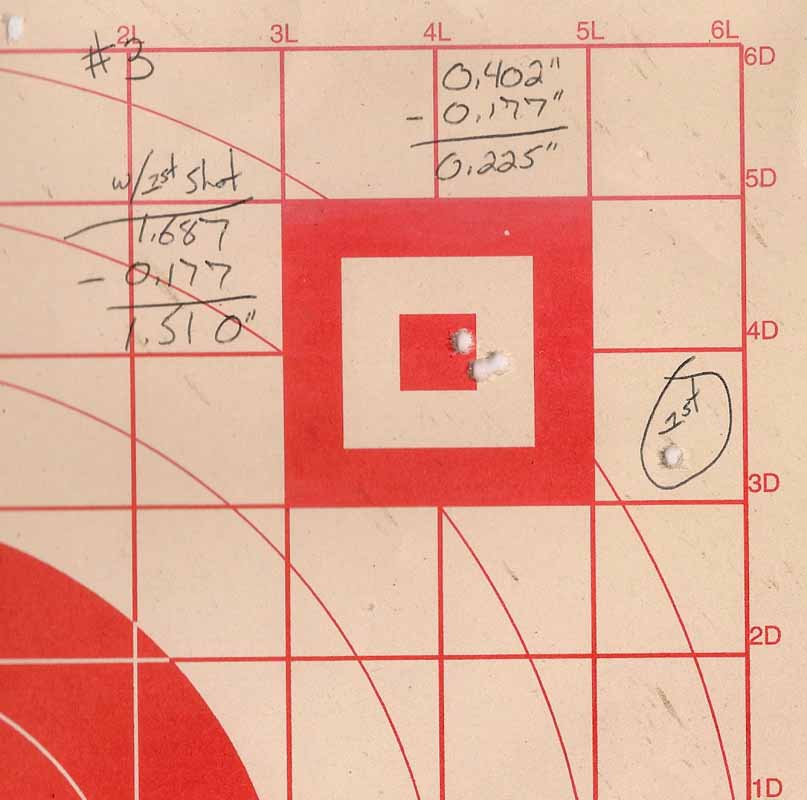 Another 50-yard sight-in target from 10/01.  Again, note the errant first shot way off in right field.
