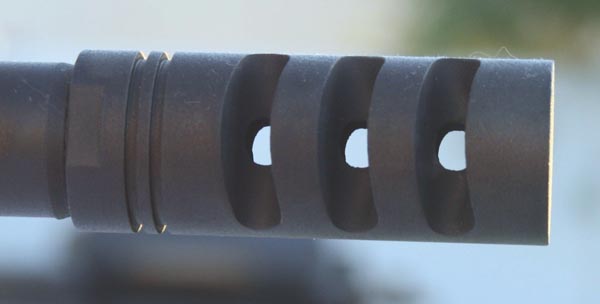 A close-up look at the 6-port muzzlebrake on the M10BAT/S-K.