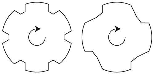Standard rifling on left, Ratchet Twist on right.
