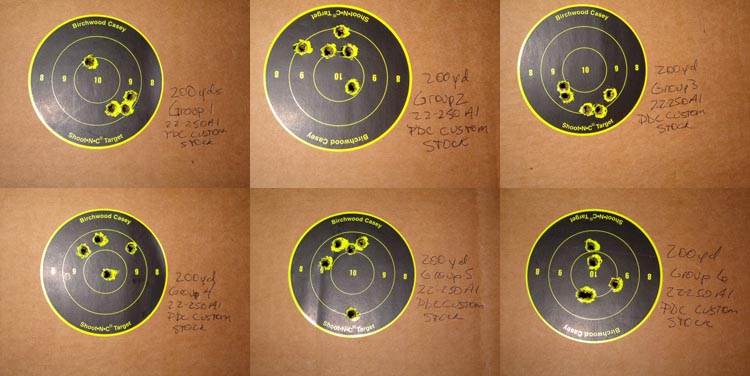 200 yard groups fired from a new barrel on the PDC Custom stock