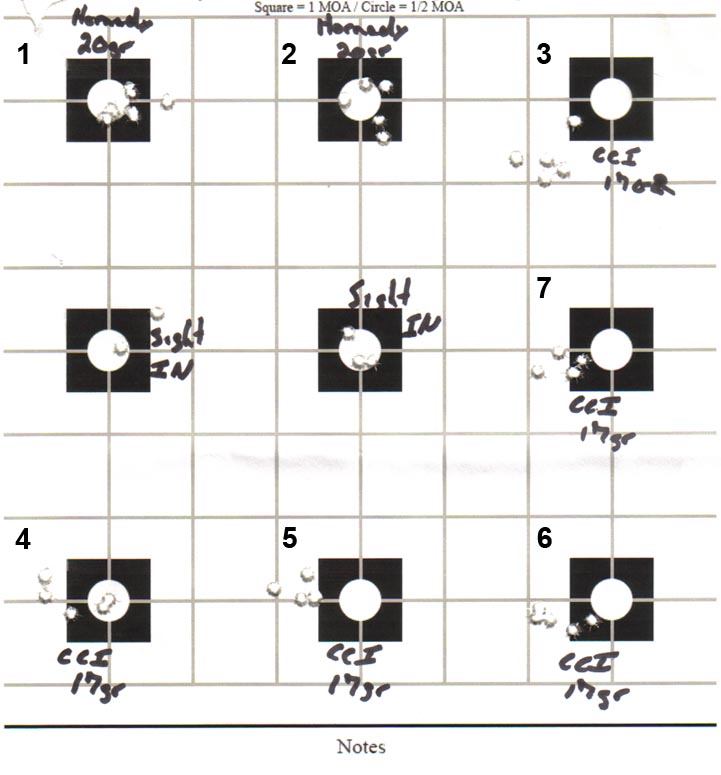 Sight-in and 50-yard groups shot with two different types of ammunition.