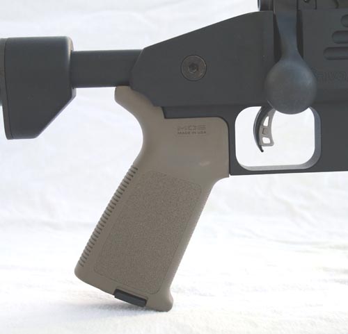 A MagPul M.O.E. pistol grip fits with ease, as will any other aftermarket AR grip.
